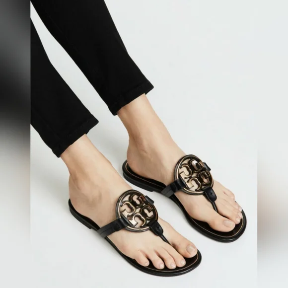 Tory Burch Miller Leather Thong Sandals Metal/Gold Logo Black/Tan US 8 - Picture 3 of 16